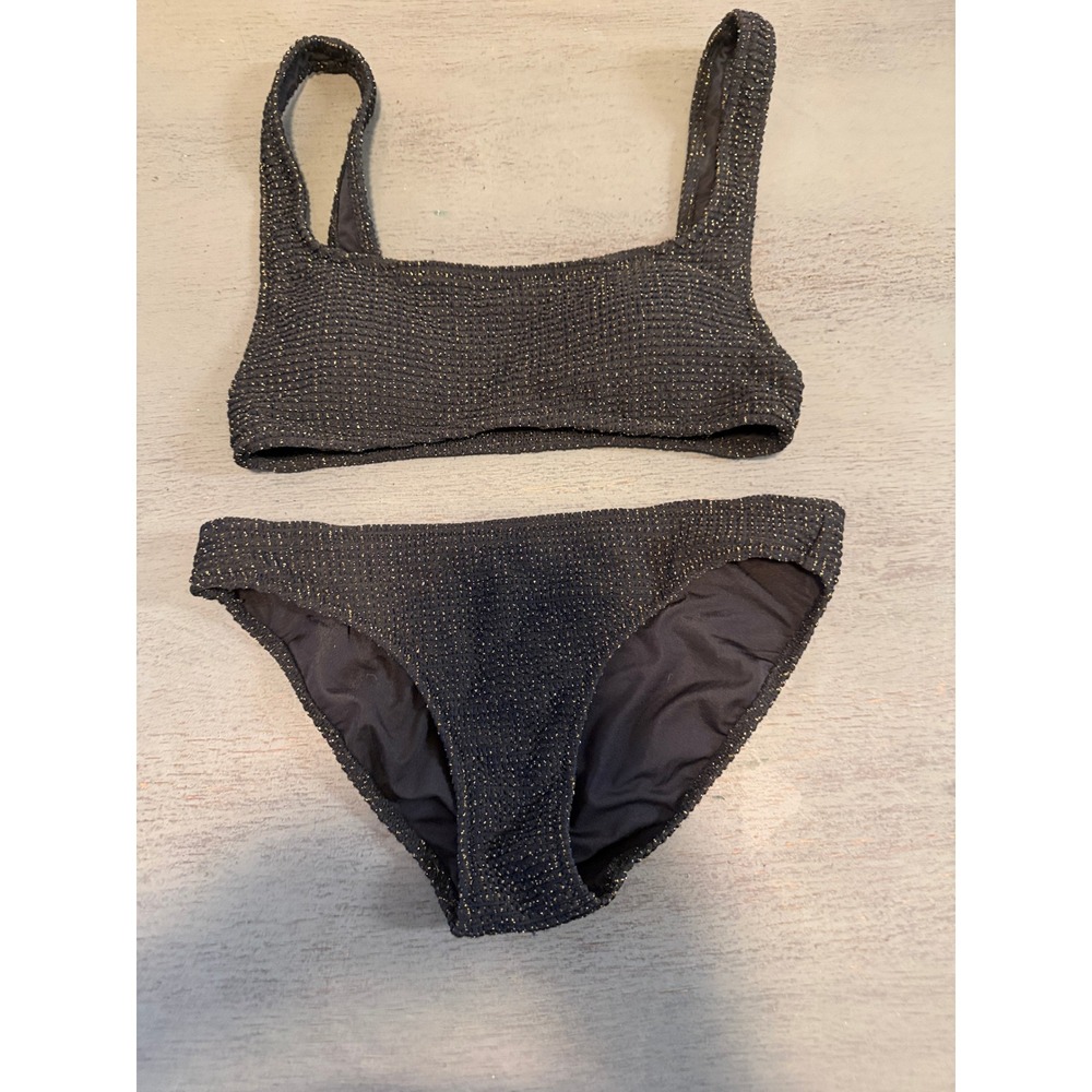 Aerie Real Good Black Gold Metallic Textured Scoop Bikini Set Small